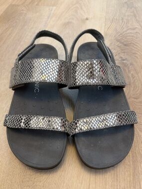 VIONIC Metallic Snake-Print Velcro Strap Sandals - Silver/Black